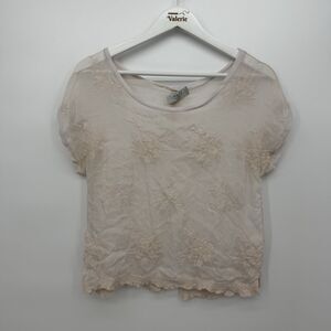 Angela Moda Ivory Lace Sheer Short Sleeve Top Silk Blend Coquette Floral Small